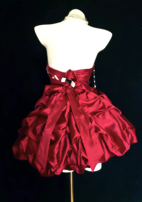 Strapless Wine Red Satin Cocktail Dress with Beadings, Sexy Mini Wine Red Homecoming Dress