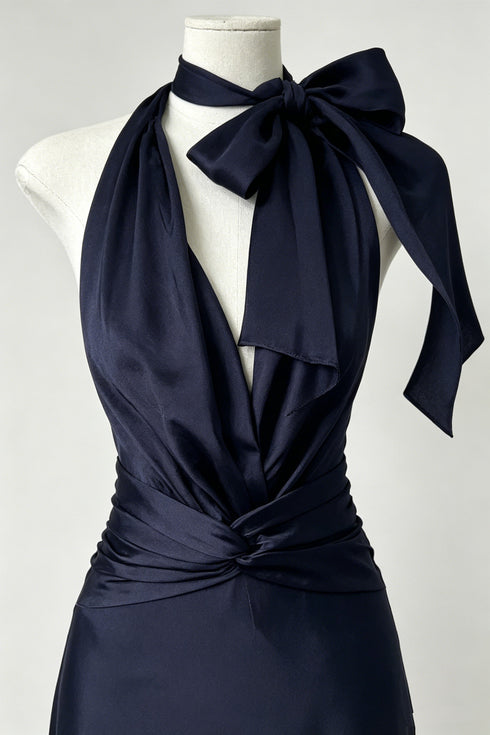 Elegant Navy Blue Satin Halter Maxi Dress, Sexy V-Neck Backless Ruched Prom Dress Evening Dress