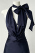Elegant Navy Blue Satin Halter Maxi Dress, Sexy V-Neck Backless Ruched Prom Dress Evening Dress