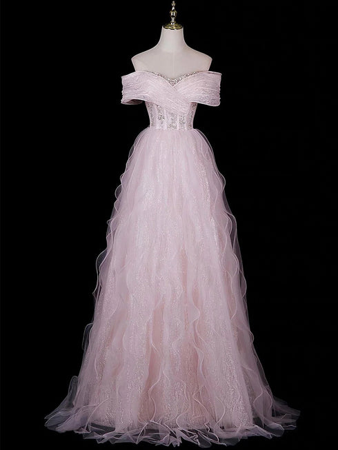 Glam Pink Off Shoulder Beaded A-Line Prom Dress, Pink Tulle Long Evening Dress