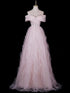 Glam Pink Off Shoulder Beaded A-Line Prom Dress, Pink Tulle Long Evening Dress