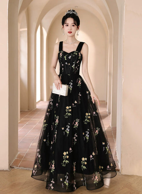 Black Floral Off Shoulder Tulle Long Prom Dress, Black Evening Dress