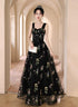 Black Floral Off Shoulder Tulle Long Prom Dress, Black Evening Dress