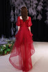 Wine Red Tulle High Low Short Sleeves Party Dress, Wine Red Tulle Prom Dress