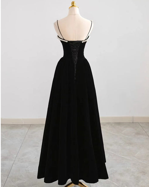 Black A-line Velvet Straps Floor Length Party Dress, Black Velvet Prom Dress Evening Dress