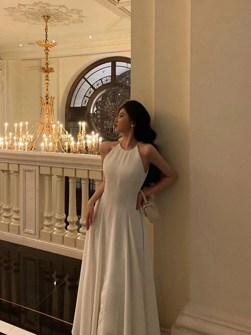A-line Chiffon White Halter Long Party Dress, White Chiffon Wedding Party Dress