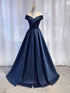 A-line Navy Blue Satin Off Shoulder Long Party Dress, Navy Blue Prom Dress Evening Dress