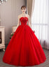 Glam Red Ball Gown Tulle Sweet 16 Dress with Lace, Red Long Formal Dress Party Dress