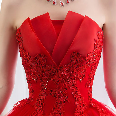 Glam Red Ball Gown Tulle Sweet 16 Dress with Lace, Red Long Formal Dress Party Dress