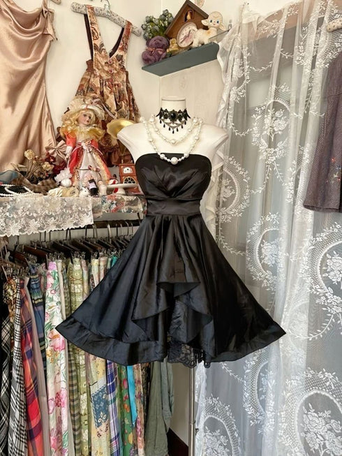 A-line Black Satin Scoop Knee Length Homecoming Dress, Black Satin Short Prom Dress