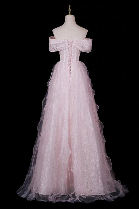 Glam Pink Off Shoulder Beaded A-Line Prom Dress, Pink Tulle Long Evening Dress
