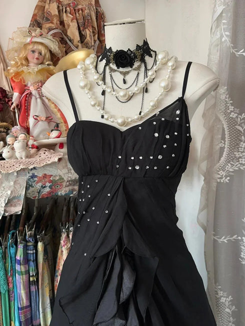 Black Chiffon Beaded Straps Long Party Dress, Black Chiffon A-line Prom Dress
