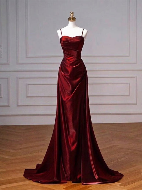 Wine Red Straps Sweetheart Satin Long Formal Dress, Wine Red Satin Prom Dress Party Dress