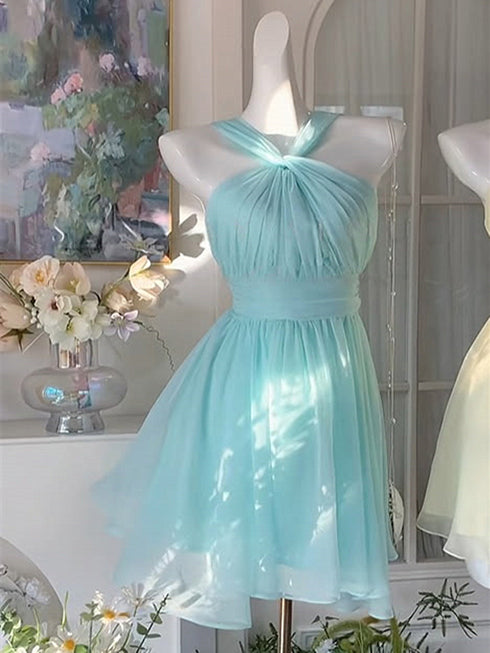 Mint Blue Chiffon Haler Knee Length Wedding Party Dress, Mint Blue Chiffon Short Homecoming Dress