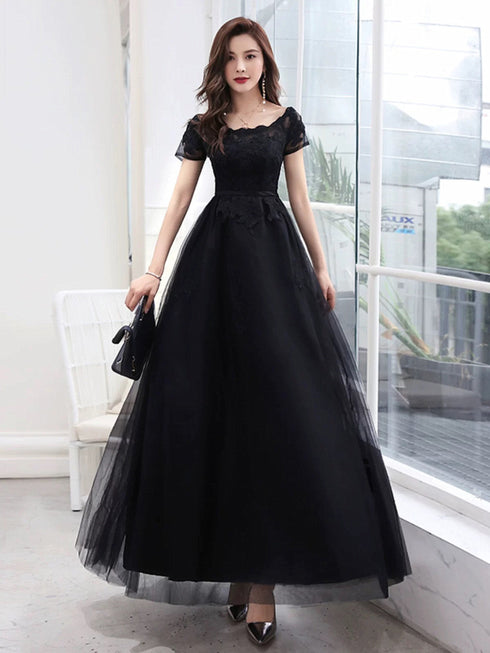 Black A-line Tulle with Lace Applique Party Dress, Black Tulle Long Prom Dress Evening Dress