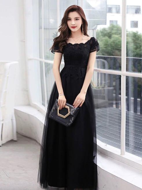 Black A-line Tulle with Lace Applique Party Dress, Black Tulle Long Prom Dress Evening Dress