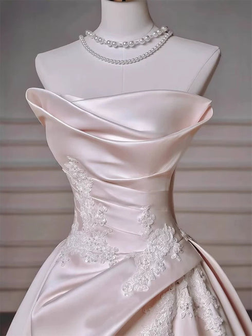 Light Pink Satin with Lace Applique Long Formal Dress, Light Pink Satin Prom Dress