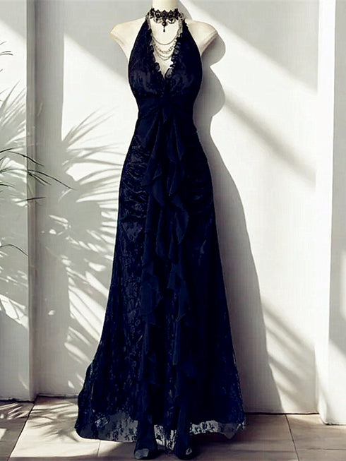 Navy Blue V-Neckline Lace Party Dress Prom Dress, Navy Blue A-Line Evening Dress