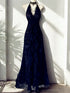 Navy Blue V-Neckline Lace Party Dress Prom Dress, Navy Blue A-Line Evening Dress