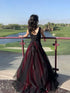 Black And Red V-Neckline Beaded Long Formal Dress, Black And Red Tulle Prom Dress