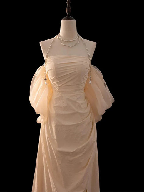 Ivory Taffeta Scoop A-line Long Formal Dress, Ivory Simple Floor Length Prom Dress