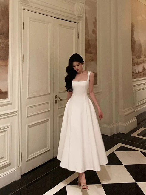 White Tea Length Sleeves Spandex Formal Dress, White Straps Evening Dress Graduation Dress