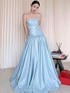Light Blue Satin Strapless A-line Satin Party Dress, Light Blue Satin Long Prom Dress