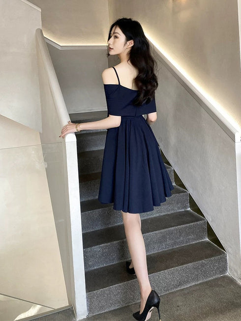 Navy Blue Knee Length Off Shoulder Homecoming Dress, Navy Blue Short Prom Dress