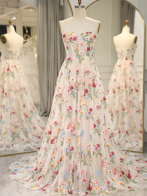 Elegant Ivory Floral Tulle Sweetheart Strapless Long Evening Dress, Tulle A-Line Prom Dress