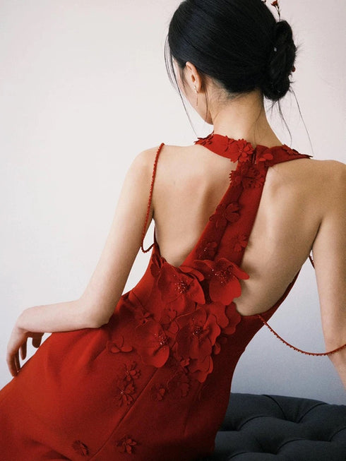 Wine Red Halter Mermaid Spandex Long Evening Dress, Wine Red Long Prom Dress