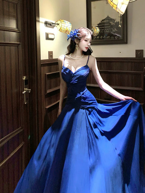 Blue Chiffon A-line Floor Length Evening Dress, Blue Long Straps Prom Dress Formal Dress