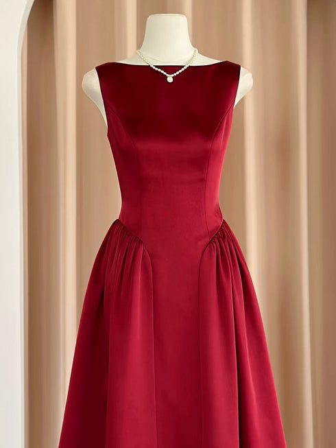 Wine Red Satin Tea Length Wedding Party Dress, Wine Red Satin Party Dress
