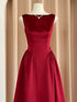 Wine Red Satin Tea Length Wedding Party Dress, Wine Red Satin Party Dress