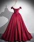 Wine Red Satin Off Shoulder Floor Length Party Dress, Wine Red Long Prom Dress