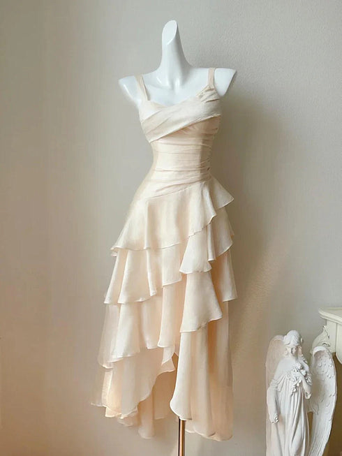 Ivory High Low Satin Straps Homecoming Dress, Ivory Satin Chic Prom Dress