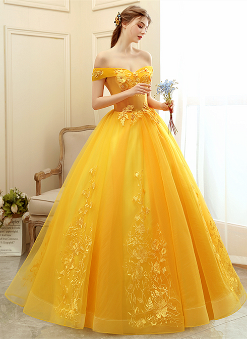 Yellow Off Shoulder Ball Gown Tulle with Lace Sweet 16 Dress, Yellow Formal Dress
