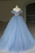 Blue Sweetheart Tulle Off Shoulder Party Dress, Blue Tulle Evening Dress Prom Dress