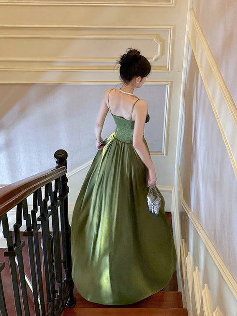 Green Straps A-line Satin Long Party Dress with Leg Slit, Green Satin Scoop Evening Dress