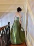 Green Straps A-line Satin Long Party Dress with Leg Slit, Green Satin Scoop Evening Dress