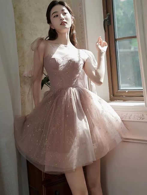 Cute Dark Pink Short Shiny Tulle Sweetheart Party Dress, Dark Pink Homecoming Dress