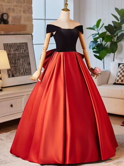 Red and Black Off Shoulder Satin Prom Dress, A-line Party Dress with Bow