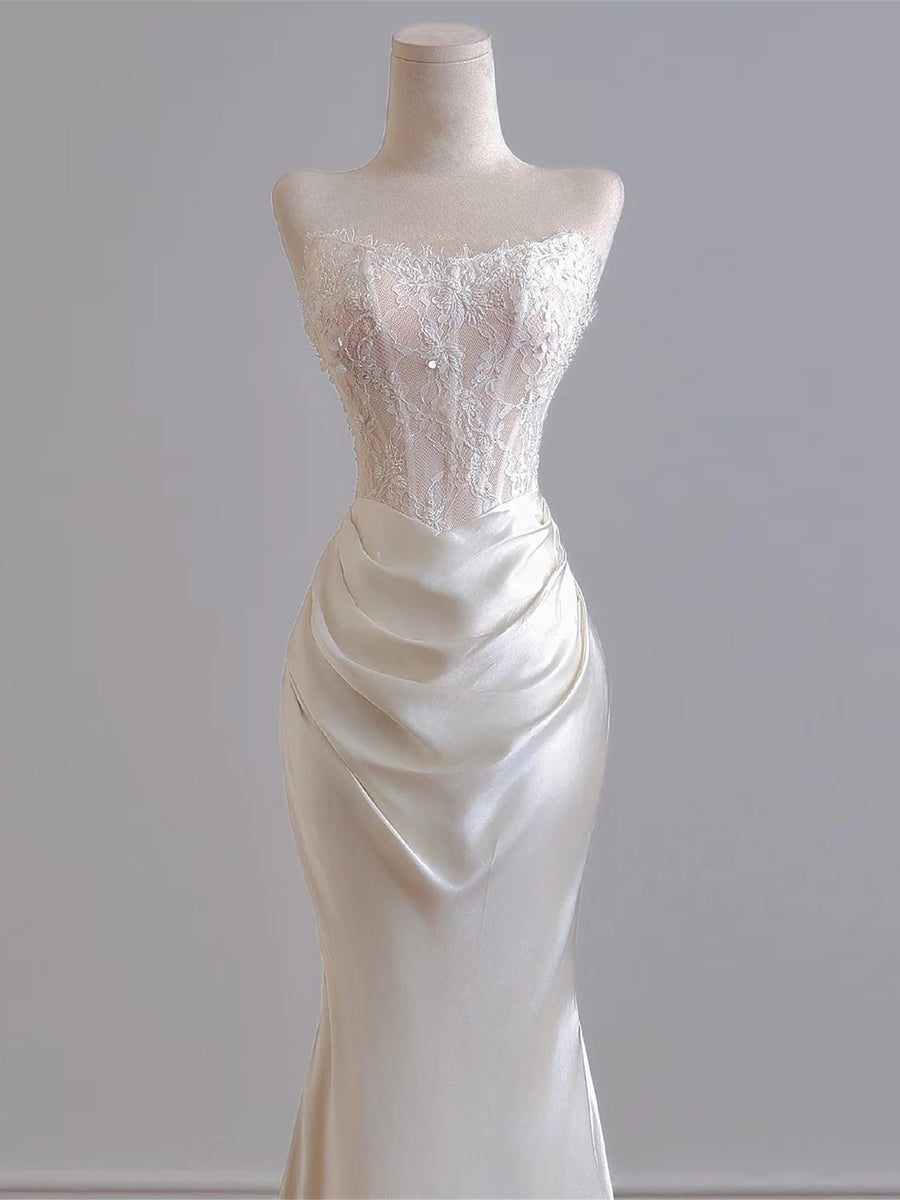 Pretty One Shoulder White Satin Beaded Mermaid Long Party Dress Formal 18th Birthday Outfits SP2006 main image 0