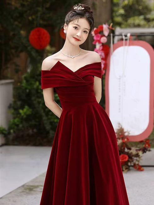 Wine Red Off Shoulder Velvet Long Party Dress, Wine Red Velvet Prom Dress