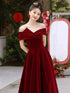 Wine Red Off Shoulder Velvet Long Party Dress, Wine Red Velvet Prom Dress