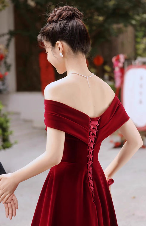 Wine Red Off Shoulder Velvet Long Party Dress, Wine Red Velvet Prom Dress