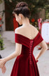 Wine Red Off Shoulder Velvet Long Party Dress, Wine Red Velvet Prom Dress