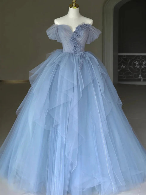 Blue Sweetheart Tulle Off Shoulder Party Dress, Blue Tulle Evening Dress Prom Dress