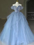 Blue Sweetheart Tulle Off Shoulder Party Dress, Blue Tulle Evening Dress Prom Dress