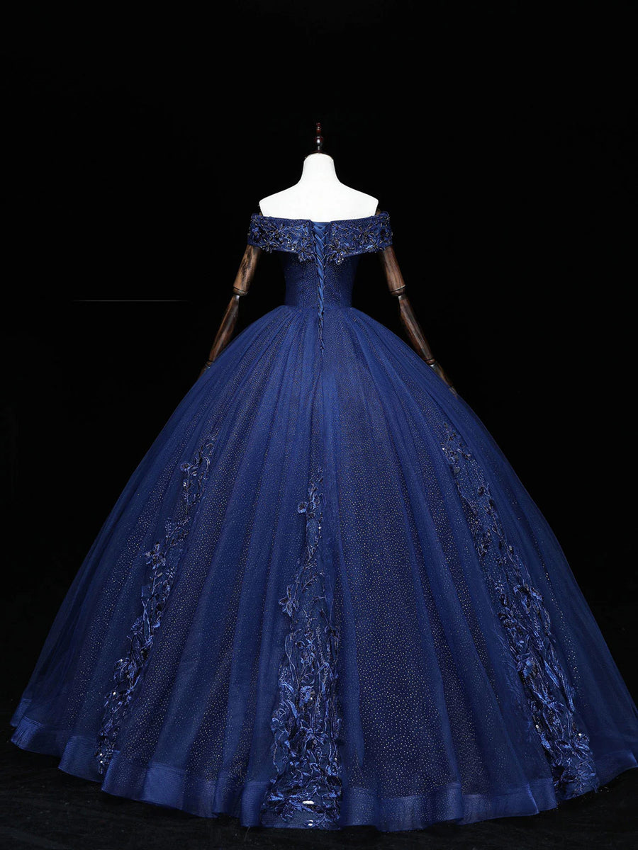Vintage Navy Blue Ball Gown Off The Shoulder Tulle Appliques Formal Quinceanera Dress SP747