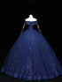 Navy Blue Ball Gown Tulle Off Shoulder Party Dress, Navy Blue Lace Applique Prom Dress